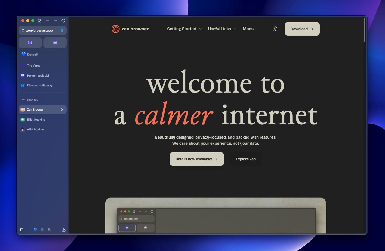 A screenshot showcasing the Zen Browser interface highlights its minimalist design, with a sidebar for navigation and horizontal tabs. The webpage the web browser is currently navigated to is the Zen Browser homepage, which is a landing page with the tagline "Welcome to a calmer internet."